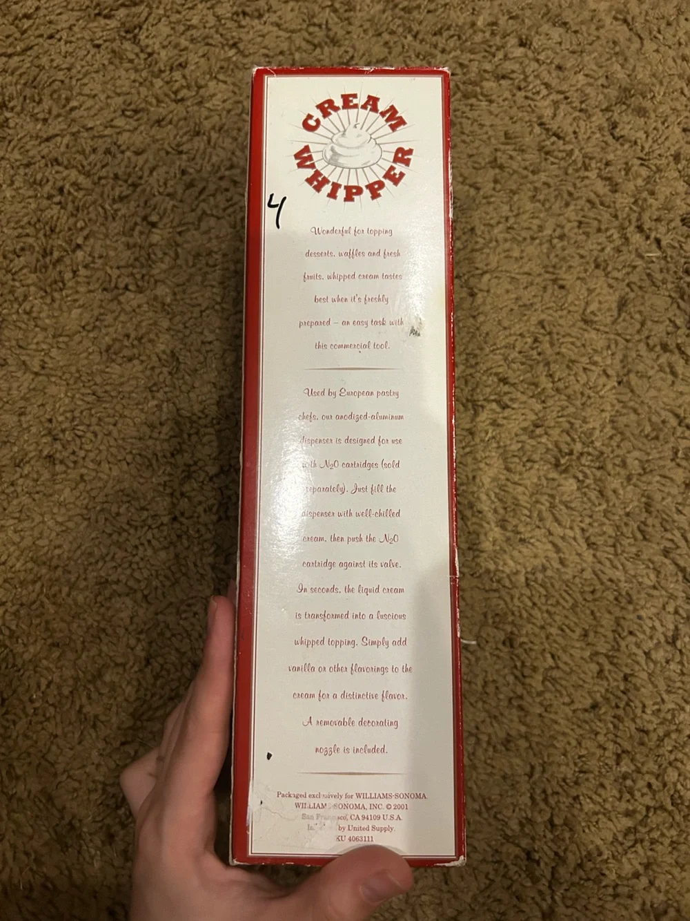 Williams Sonoma Cream Whipper Stainless Steel New in Box 2001
